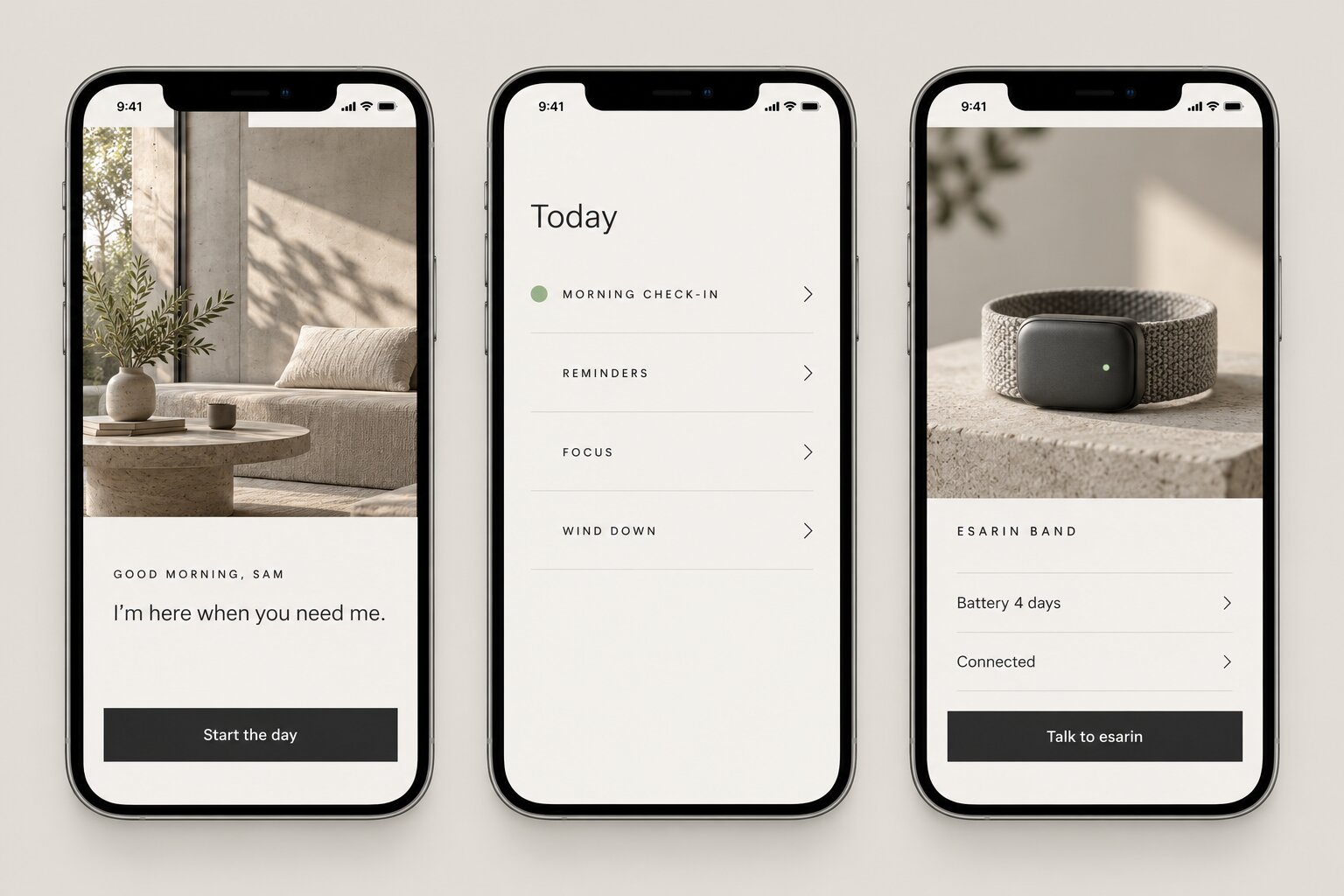 Three screens of the esarin app: a morning greeting, today’s list, and the band settings.