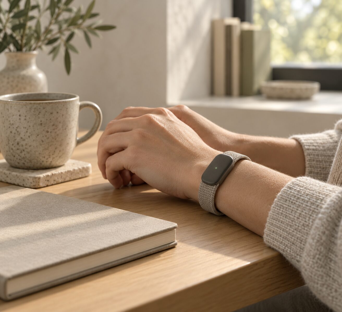 Hands at a wooden desk, esarin on the wrist.