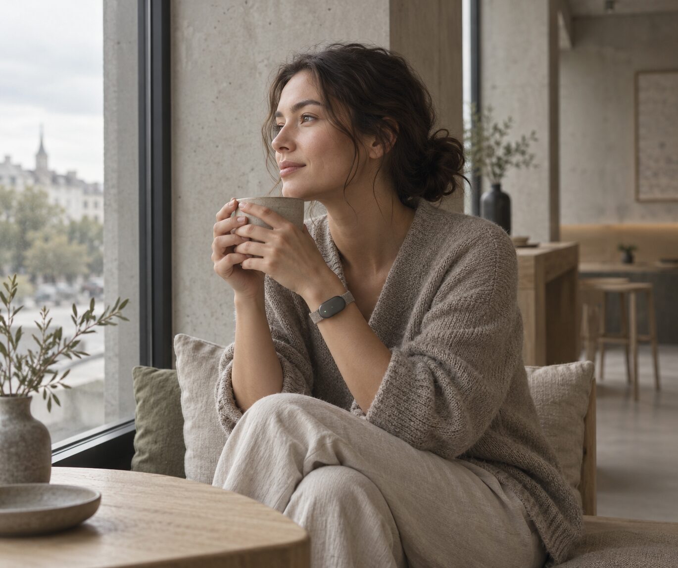 A woman by a window with a cup of coffee, wearing esarin.