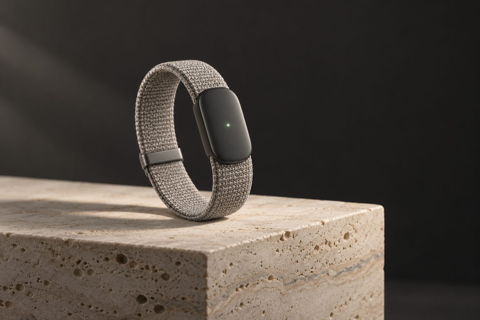 The esarin module resting on a travertine block in soft light.