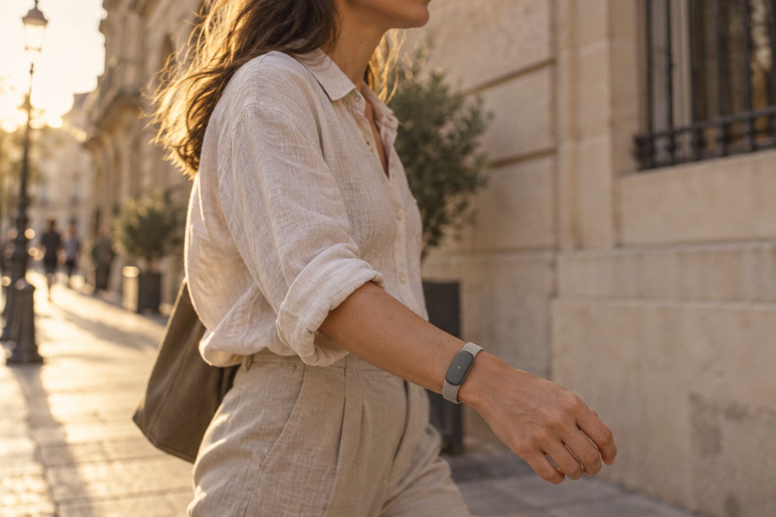 A person walking on a sunlit street wearing esarin.
